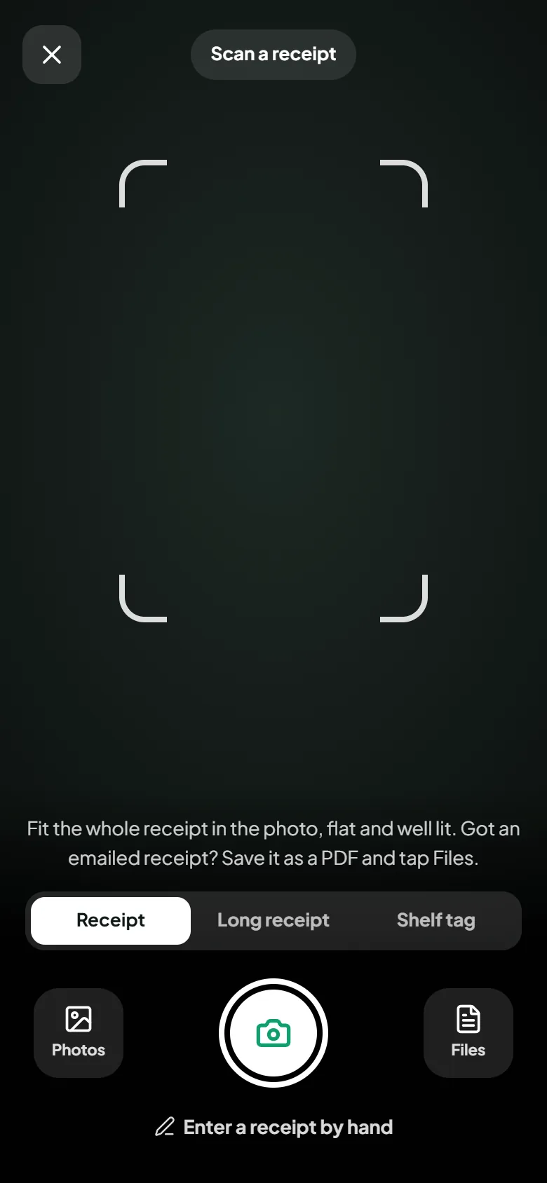 Scan screen with Receipt, Long receipt and Shelf tag modes, plus Photos and Files buttons